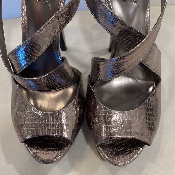 CARLOS SANTANA’S CALIENTE-PEWTER SNAKESKIN PRINT CRISSCROSS PLATFORM HEEL SZ 7.5 - Picture 10 of 16